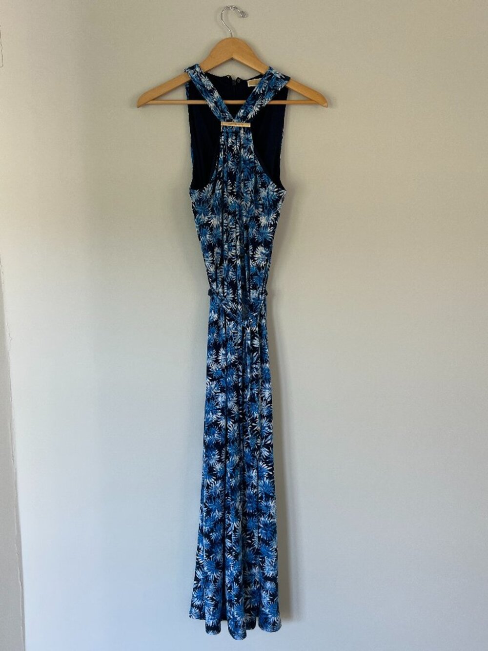 Michael Michael Kors Blue Floral Maxi Dress M Gold Logo Halter Tie Waist